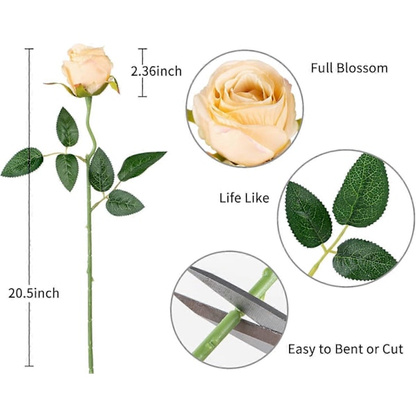 10 stk. Kunstige Silke Roser Falske Blomster Buket Lange Stængler til Bryllup Hjemmefest Dekoration (Beige) Champagne
