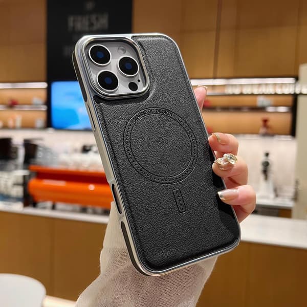 Etui til iPhone 14 svart magnetisk side skin tekstur plating