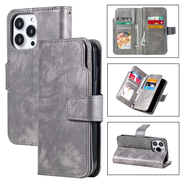 Etui til iPhone 16plus grå Nine Card Wallet med kortholder, fashion magnetisk wallet med kortholder