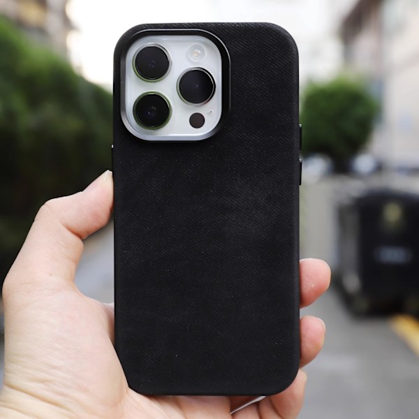 Kotelo iPhone 15 Plus -puhelimelle, tyylikäs musta, kokonaan nahkaa, magneettinen flanelli, kova