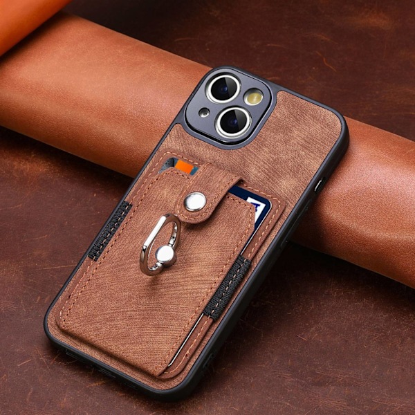 iPhone 14 Plus -kotelo ruskea korttipidike vintage-metallirenkaalla