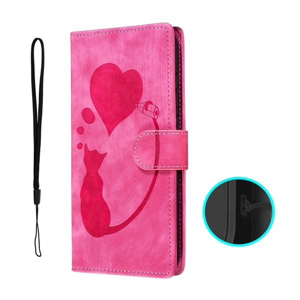 Etui til iPhone 15 Pro Rosarød - Præget Kat Hjerte Læder Etui Kat Hjerte 3D Præget Flip Wallet med Kortholder