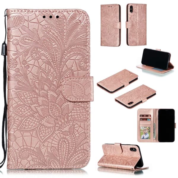 Etui til iPhone 13 Pro Max Rosaguld Præget Blondeblomst 3D Præget Flip Wallet med Kortholder