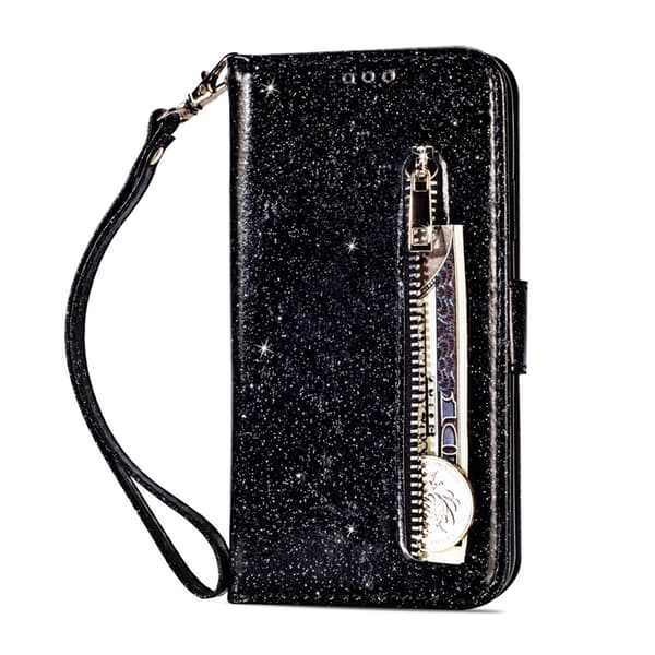 Etui til iPhone 14Pro Sort Glitter Lynlås Læder Etui Mode glitter lynlås Flip Almindelig