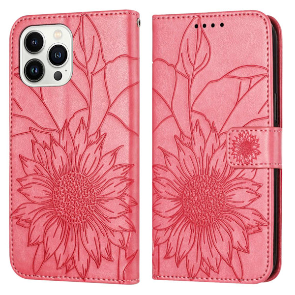 Fodral för iPhone 15 Pro Max Rosröd 3D Präglad Solrosplånbok med Korthållare Flip