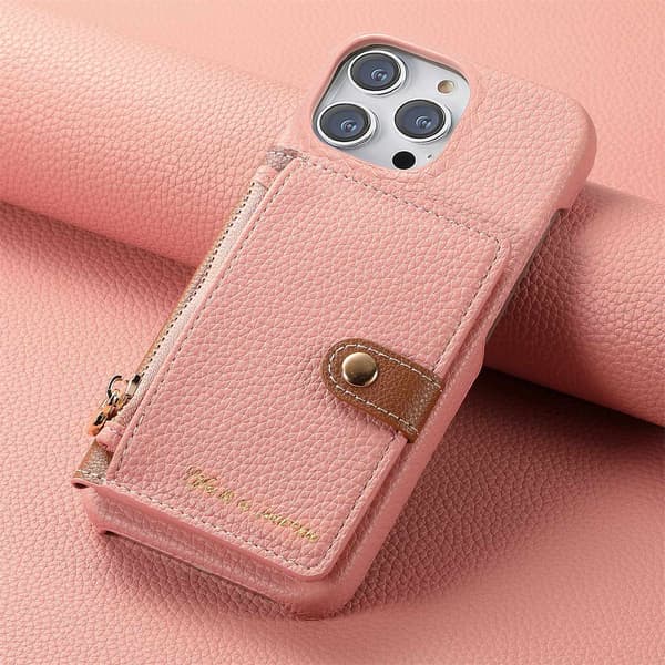 Etui til iPhone 16 Pro rosa Ensfarget klassisk Pebbled kortholder