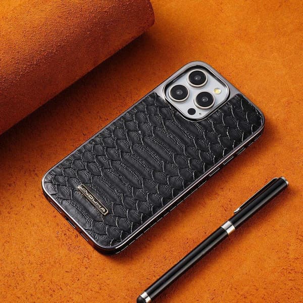 Etui til iPhone 14 Pro Max 6,7 tommer 【Sort】 Slangemønster ◆ Elektroplettering + stort hul Luksus læder Full-Body