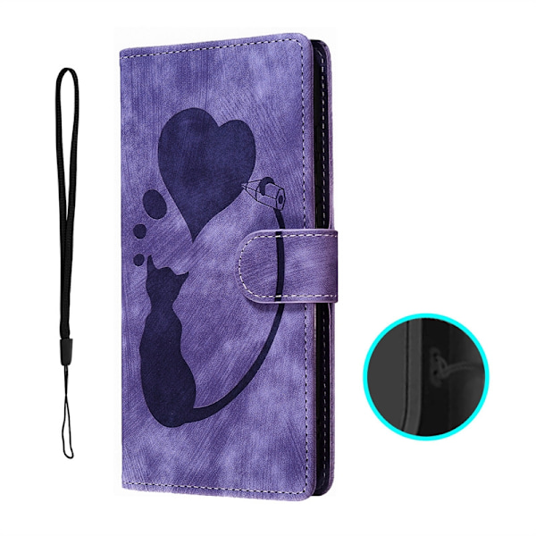 Etui til iPhone 16Pro Lilla-Præget Katte Kærlighed Læder Etui Kat Hjerte 3D Præget Flip Wallet med Kortholder