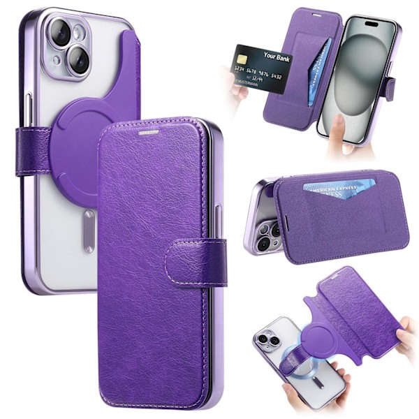Kotelo iPhone 15 Pro Max 6.7:lle, violetti galvanoidulla magneettisella 2-in-1-nahkakotelolla, HyunA-galvanointi, läpinäkyvä läppälompakko korttipaikalla