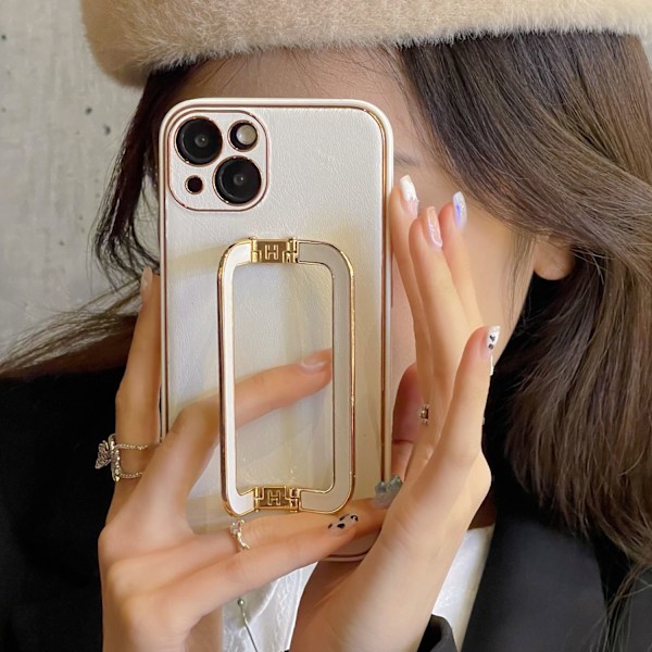 Etui til iPhone 16 Elegant hvit + dobbel spennbrakett [gratis installasjon] Teksturert dobbel spennestand lærtekstur