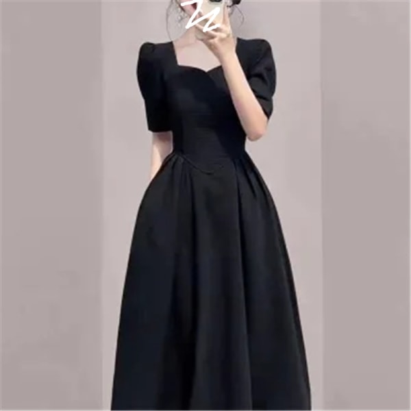 Klänning med fyrkantig krage i västerländsk stil med puffärm i midja Black L