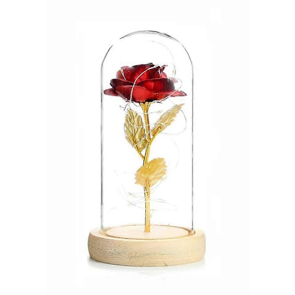 LED Fe Lys med Glas Lampeskærm Kunstig Rose i Glas Red