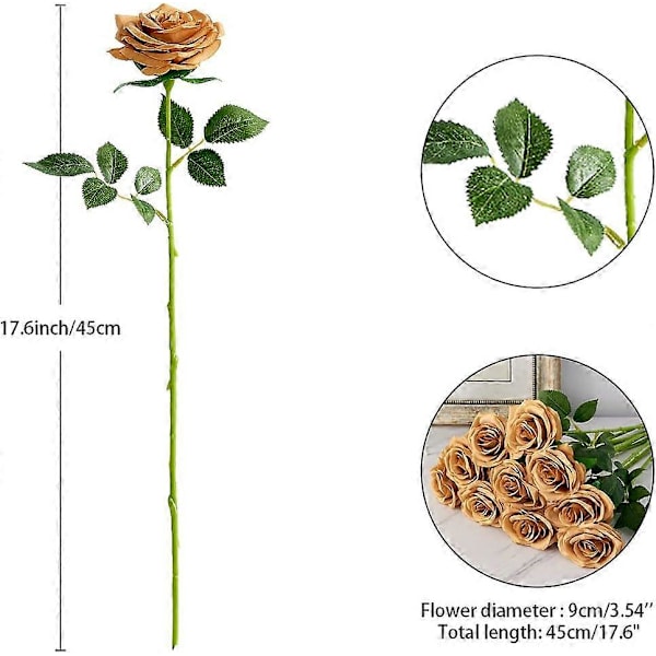 Keinotekoinen ruusu, 10 kpl avoin kukkakimppu, tekokukkien varsia, väärennettyjä silkkikukkia (poltettu oranssi) Toffee
