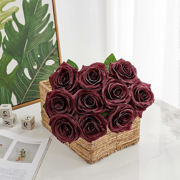 Kunstig Rose 10 stk. Åben Blomsterbuket Falske Rosestængler Falske Silke Blomster (Brændt Orange) Burgundy