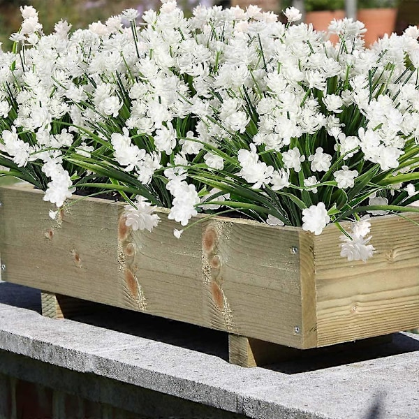 8 Bundter Kunstige Fake Blomster UV-bestandige Buske Planter, Falsk Plastik Grønt White 20