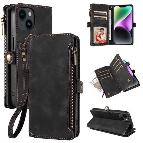 Etui til iPhone 15 Pro Max, sort flip-etui med lynlås og kortholder