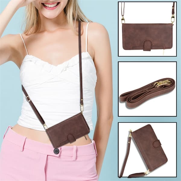 Etui til iPhone 14 Plus Brun + håndledsrem + lang lanyard lynlåspung med kortholder flip