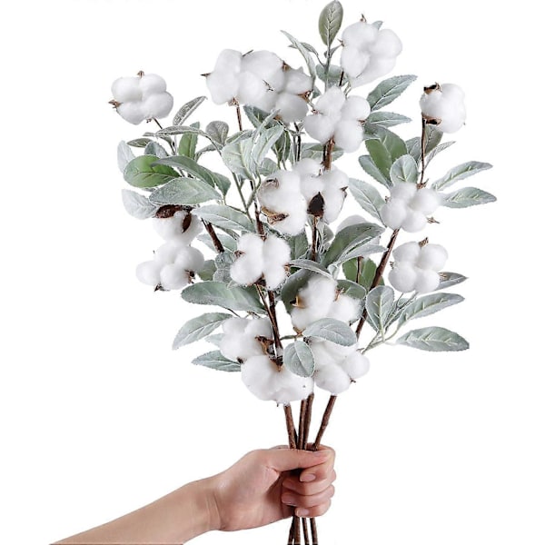 5 st Bomullsstjälkar 60 cm Konstgjorda Bomullsblomgrenar med Lammöronblad för Höst Hem Bondgårdsstil Blommig Bröllopsdekoration