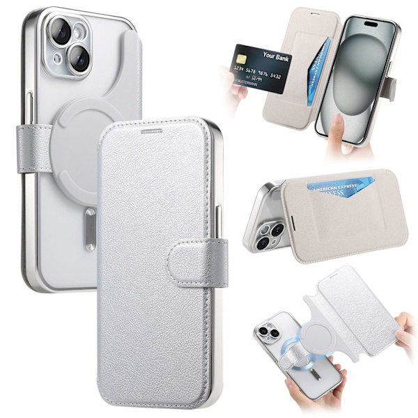 Etui til iPhone 13 6.1 Sølv elektroplettert magnetisk 2-i-1 skinnetui Elektroplettering transparent Magnetisk Flip 2 i 1