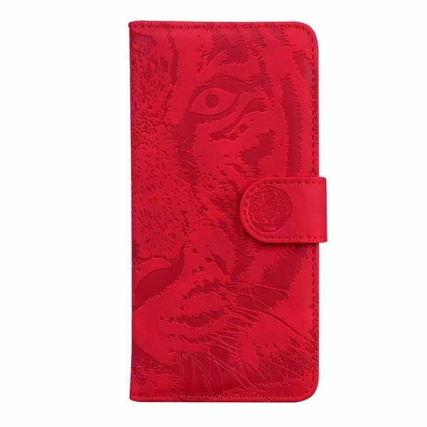 Etui til iPhone 13 Pro Max rød 3D Præget Tiger Soft-Touch Wallet med Kortholder Flip