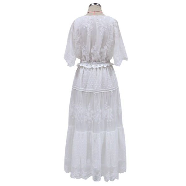 V-ringad kortärmad spetsklänning Enfärgad oregelbunden White 2XL