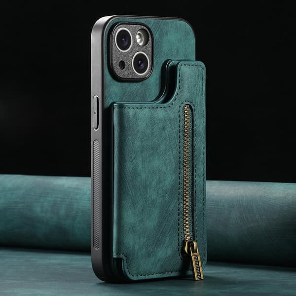 Etui til iPhone 15 Plus grøn Retro Flip Kortholder Lynlås Wallet med Kortholder