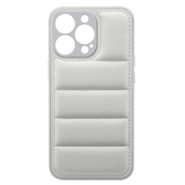 Kotelo iPhone 15 Prolle, valkoinen untuvatakki, nahkaa, täytetty puuvillalla