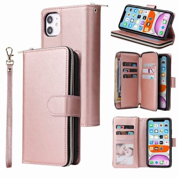 Etui til iPhone 13 Pro Rosaguld Ni-korts lynlåspung Flip Wallet med Kortholder