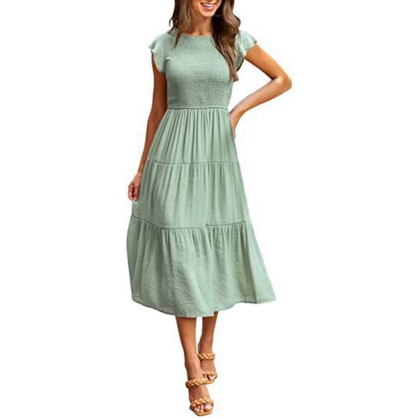 Kvinnors stor kjol Enfärgad smock-veckning kortärmad klänning Light green XXL