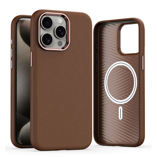 Etui til iPhone 15 Pro Max brunt læder lædermønster Magnetisk