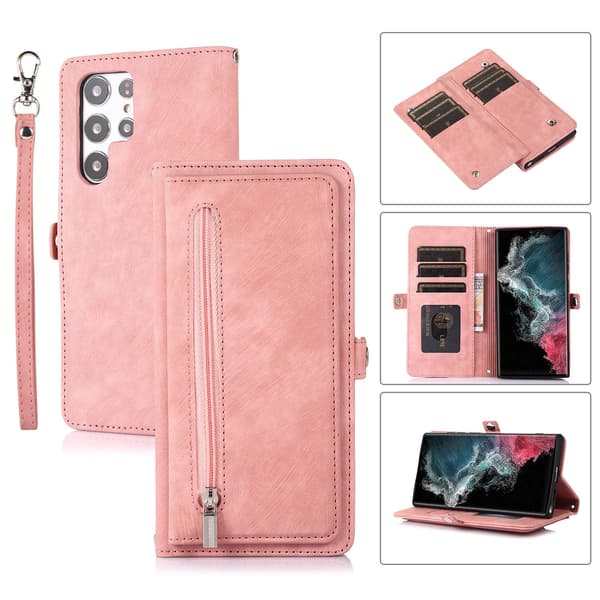 Etui til iPhone 13 Pro, pink armbåndslynlåspung med kortholder