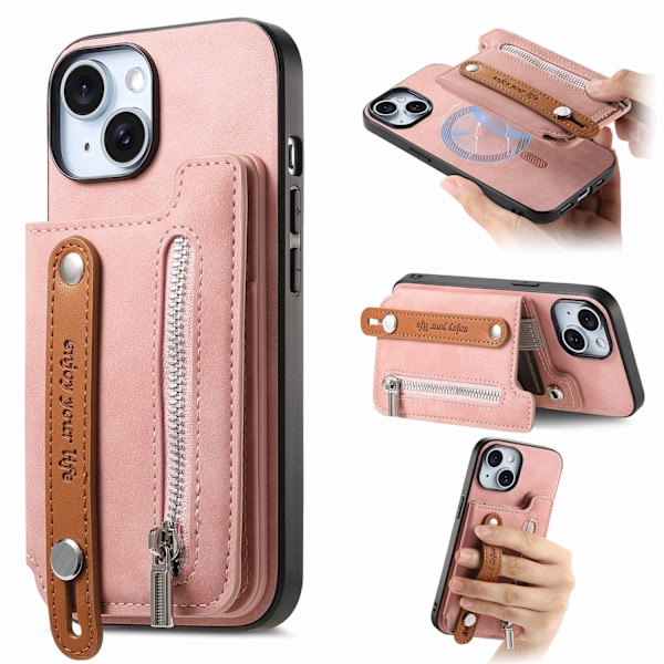 iPhone 15 pinkki magneettinen lompakkokotelo korttipidikkeellä