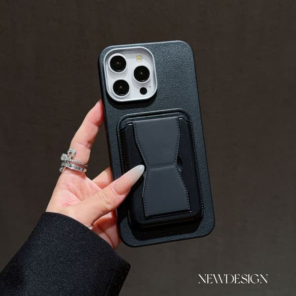 Etui til iPhone 16, almindeligt læder sort + sort kortholder læderkorn læder bagside clip stand