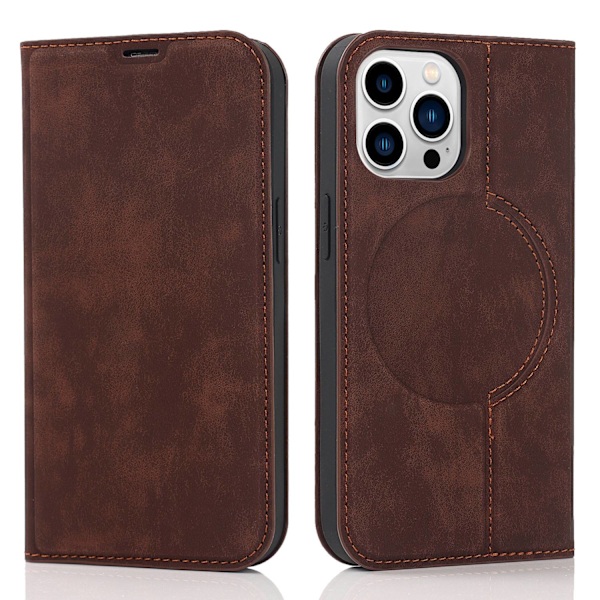 Etui til iPhone 15 Pro Max brun trådløs oplader magnetisk flip