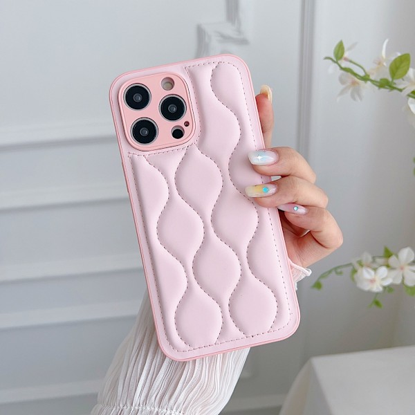 Fodral för iPhone 15plus Rosa Böjt Läder Dunjacka ins kurva dunjacka lädertextur enfärgad