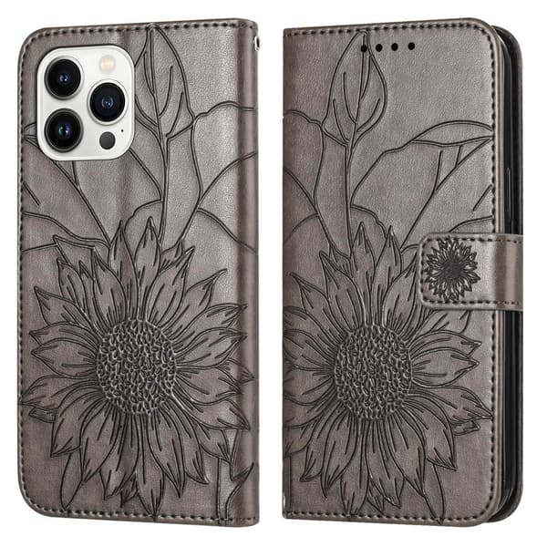 Kotelo iPhone 16 Pro:lle, harmaa 3D-kohokuvioitu auringonkukkaro lompakko korttipidikkeellä