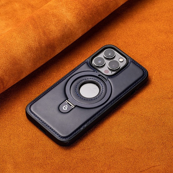 Fodral för iPhone 16 6.1 tum [Blått läder] Fäste magnetisk sug integrerad + exponerad logotypdesign Lyxigt läder Ställ Magnetisk utsida