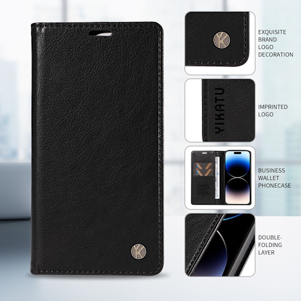 Etui til iPhone 15 Plus, sort, Pebbled magnetisk pung med kortholder flip