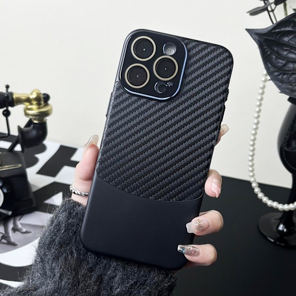 Fodral för iPhone 15promax Nappaläder skal - Yadan svart Färgblockerad kolfiberlädermönster kristalllins
