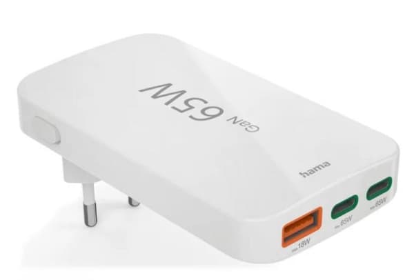 HAMA GaN 65W Väggladdare, 2x USB-C, 1x USB-A Vit