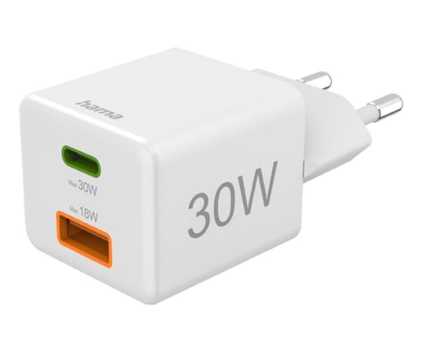 HAMA Mini 30W PD/QC Väggladdare (1X USB-C, 1X USB-A) Vit