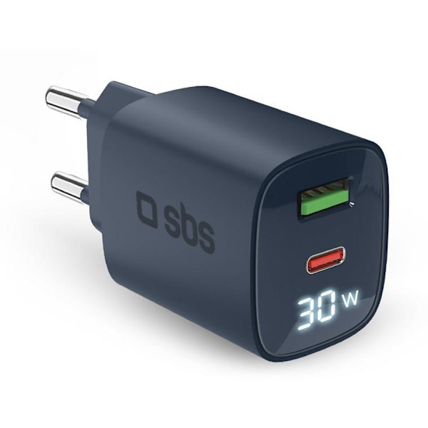 SBS USB + USB-C Gan Väggladdare Grå-Blå