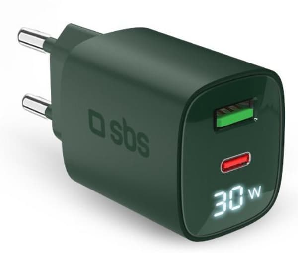 SBS 30W Väggladdare USB-A USB-C Gan LED Grön