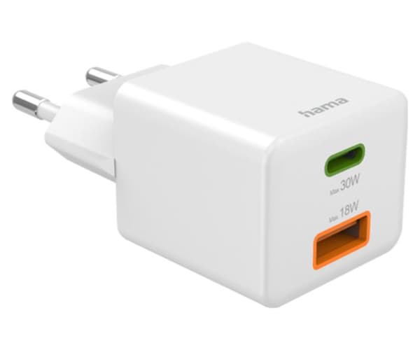 HAMA Mini 30W PD/QC Väggladdare (1X USB-C, 1X USB-A) Vit
