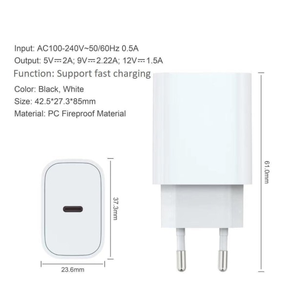 iPhone oplader 11/12/13/14 strømadapter 20W PD + Kabel White