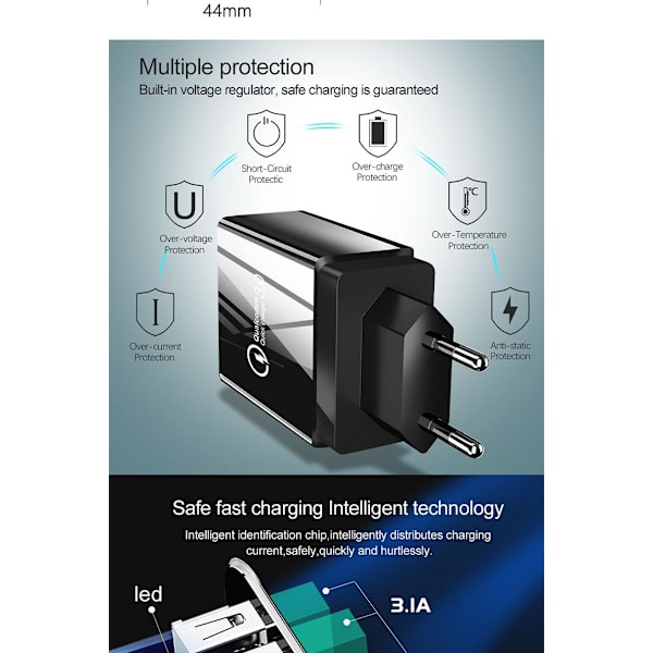 4 Port Snabbladdning 4,8A väggladdare QC3.0 Svart