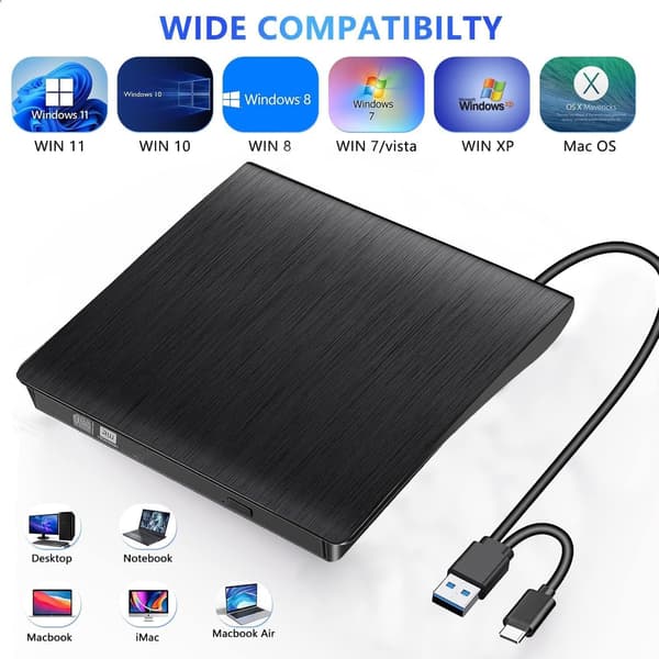 extern USB DVD/CD spelare både USB-C och USB-A Extern optisk enhet Slim
