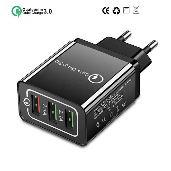 Snabbladdare Fast Charger med USB Kabel 3 Port Svart