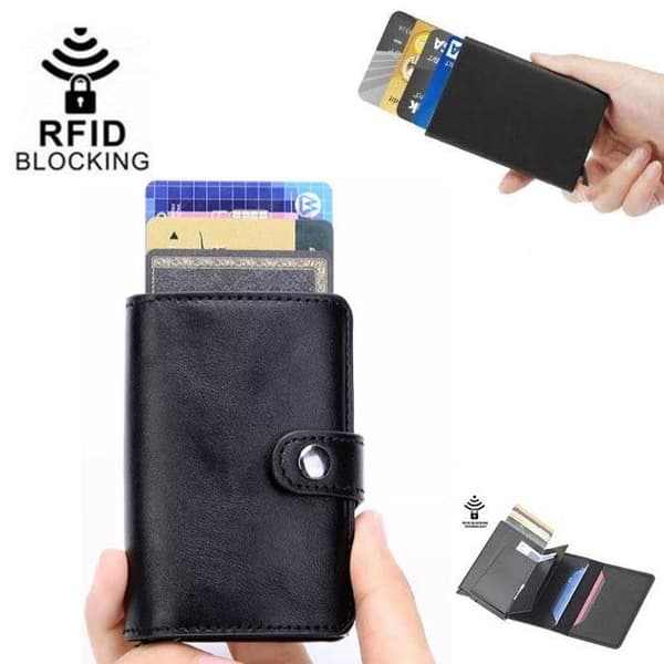 Läder plånbok korthållare RFID - NFC skydd 7-kort Black