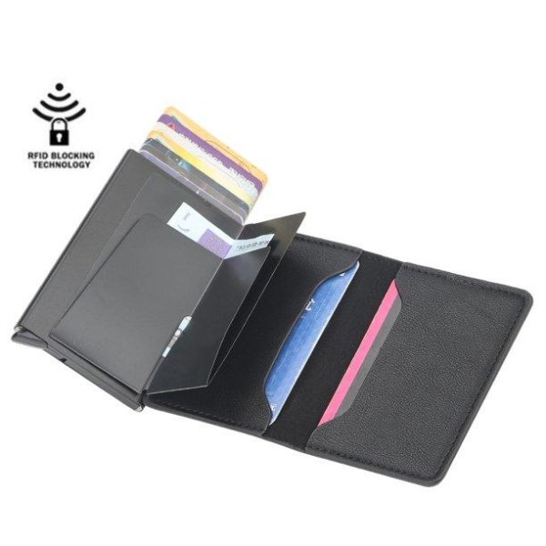 Læder pung kortholder RFID - NFC beskyttelse 7 kort Black